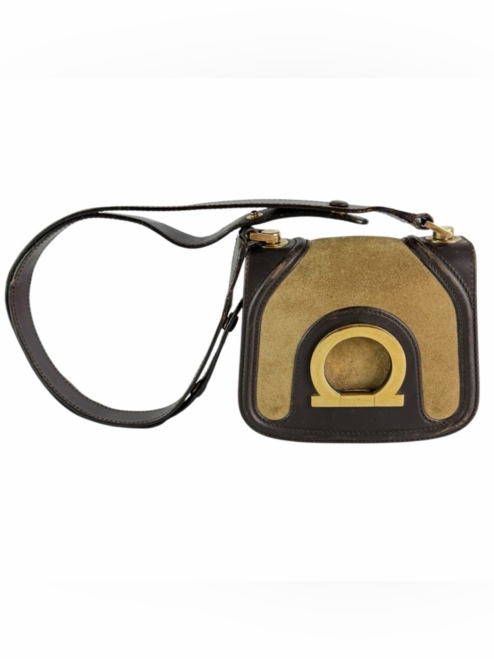 SALVATORE FERRAGAMO Gancini Tan Suede Brown Leather Shoulder Bag Made in Italy